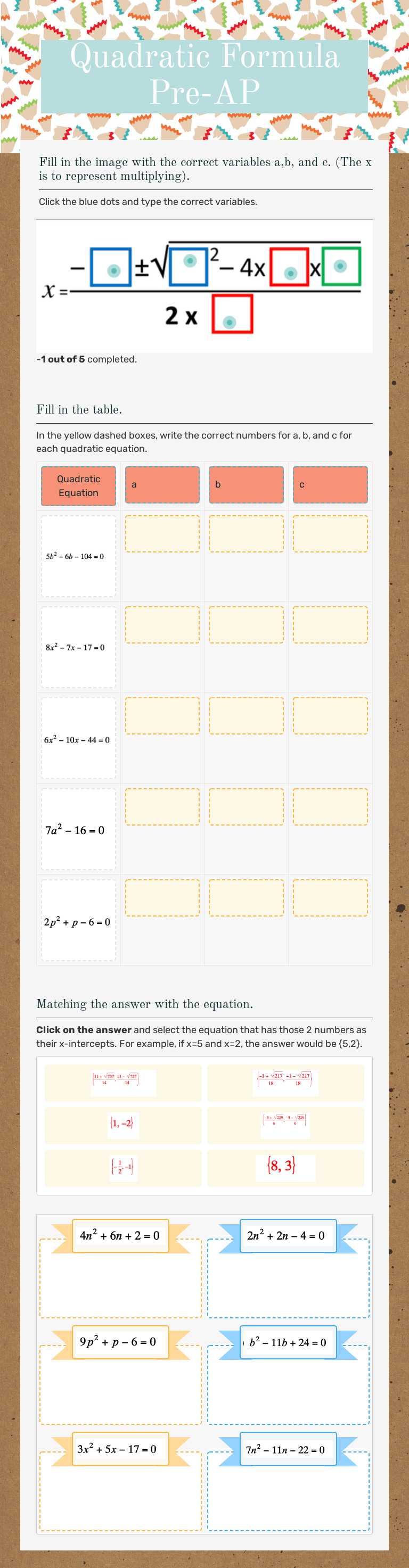 Quadratic Formula Pre-AP worksheet preview image