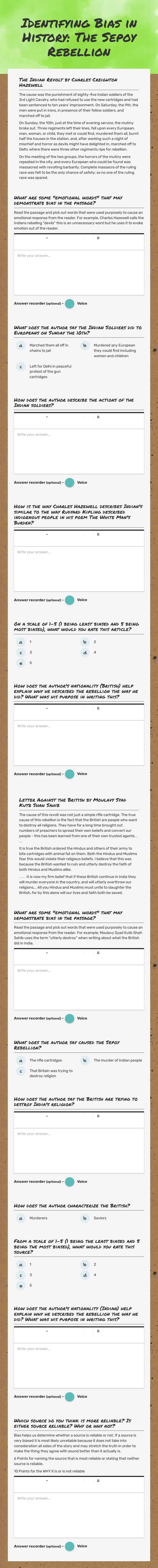 Identifying Bias in History: The Sepoy Rebellion worksheet preview image