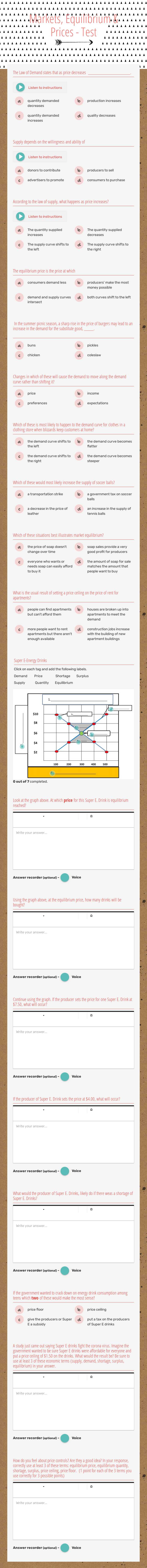 Markets, Equilibrium & Prices - Test worksheet preview image