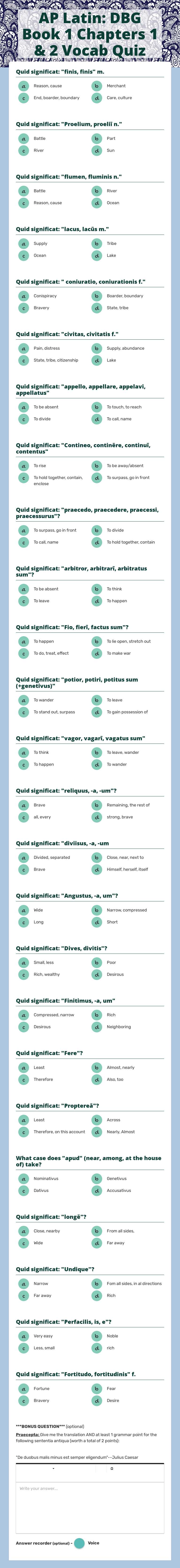 AP Latin: DBG Book 1 Chapters 1 & 2 Vocab Quiz worksheet preview image