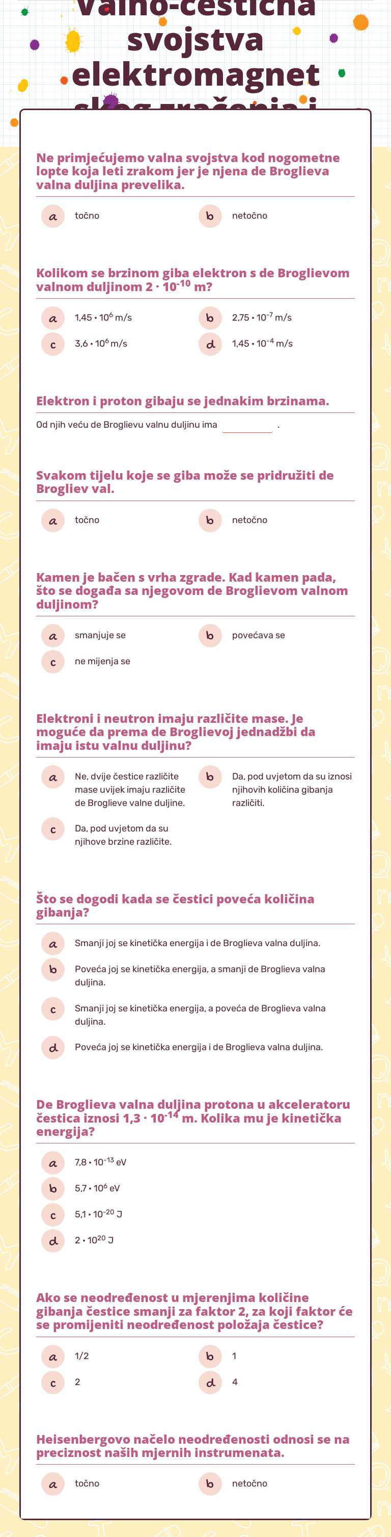 Valno-čestična svojstva elektromagnetskog zračenja i tvari Grade 10 worksheet preview
