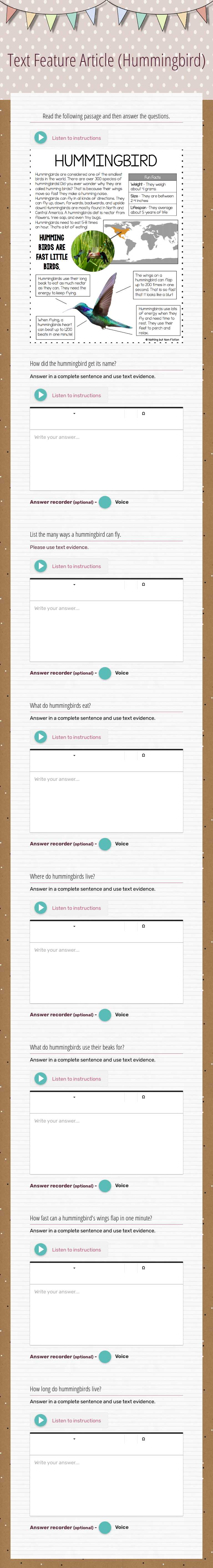 Text Feature Article (Hummingbird) Grade 4 worksheet preview