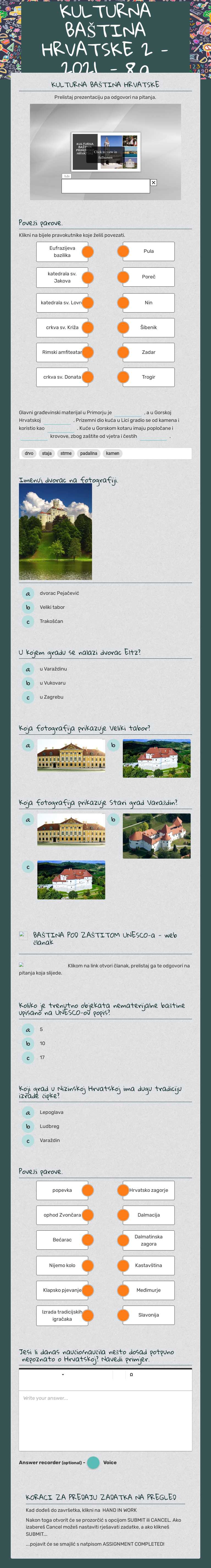KULTURNA BAŠTINA HRVATSKE 2 - 2022. Grade 8 worksheet preview