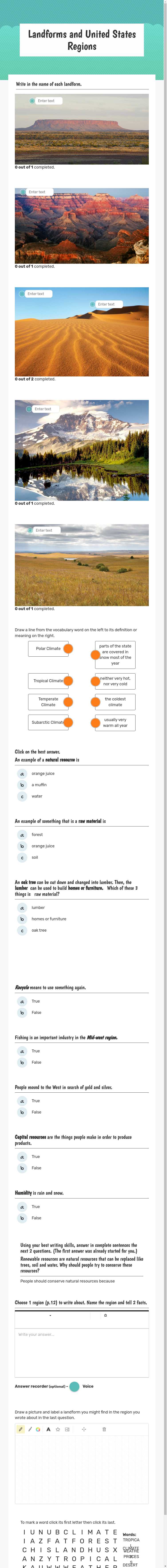 Landforms and United States Regions Grade 3 worksheet preview