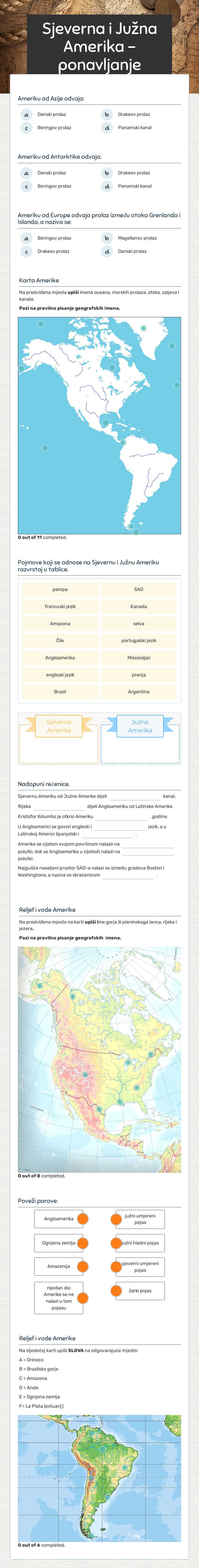 Sjeverna i Južna Amerika - ponavljanje worksheet preview image