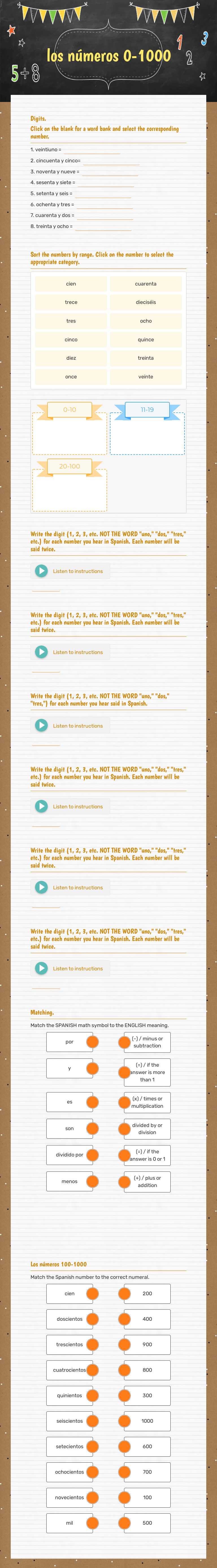 los números 0-1000 worksheet preview image