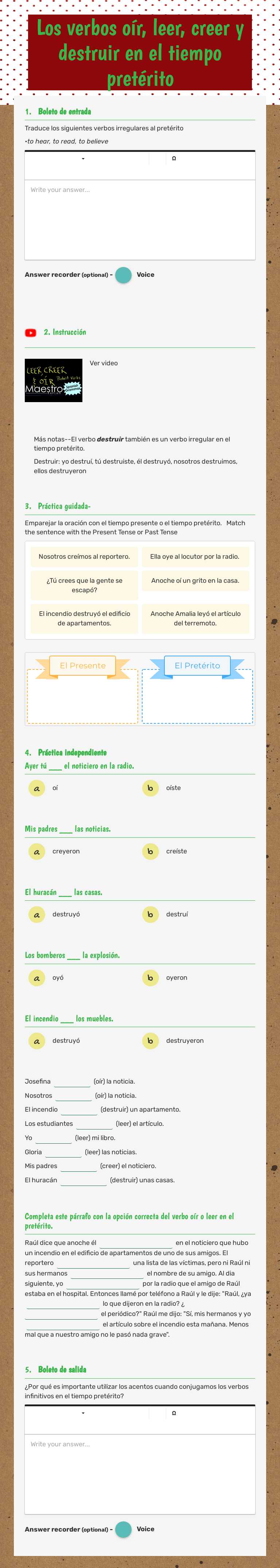Los verbos oír, leer, creer y destruir en el tiempo pretérito Grade 10 worksheet preview