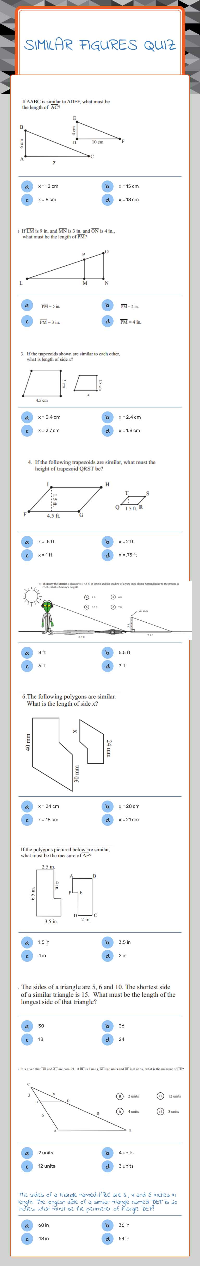 Similar Figures
Quiz Grade 8 worksheet preview
