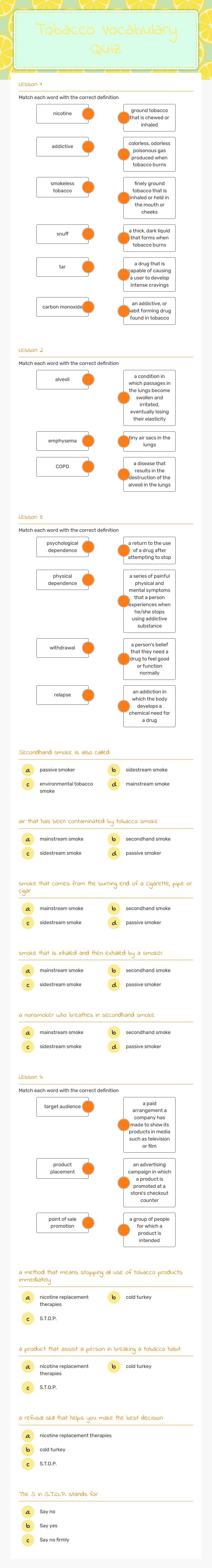 Tobacco Vocabulary Quiz worksheet preview image