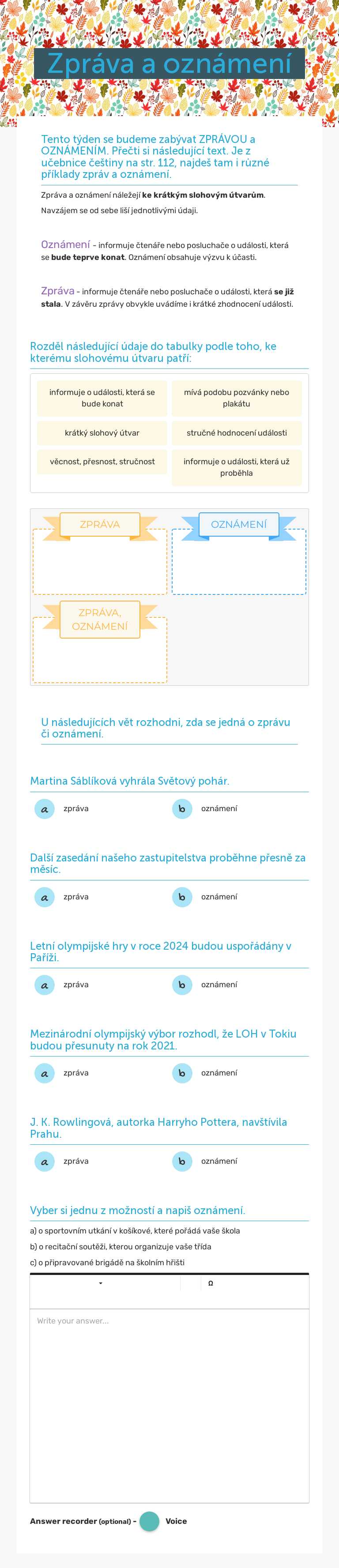 Zpráva a oznámení worksheet preview image