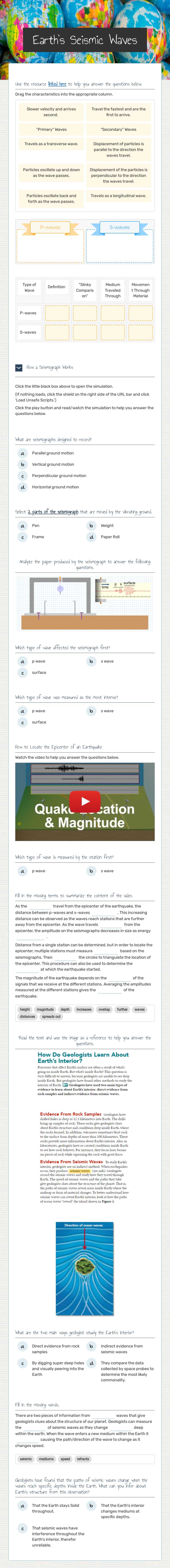 Earth's Seismic Waves worksheet preview image