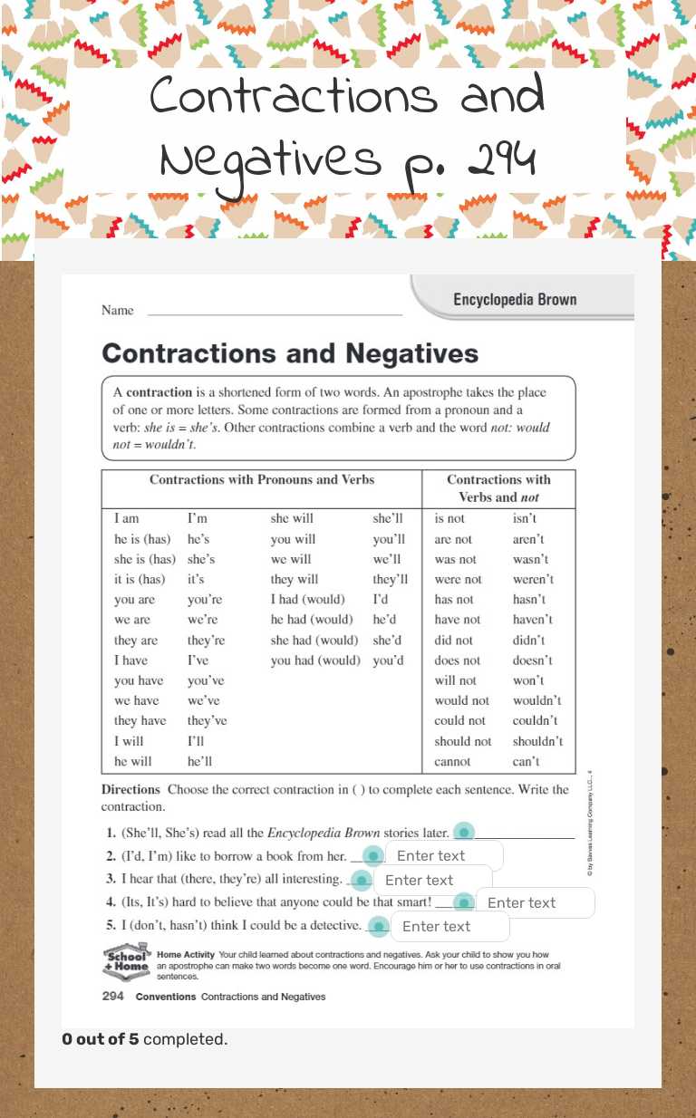 Contractions and Negatives   p. 294 worksheet preview image