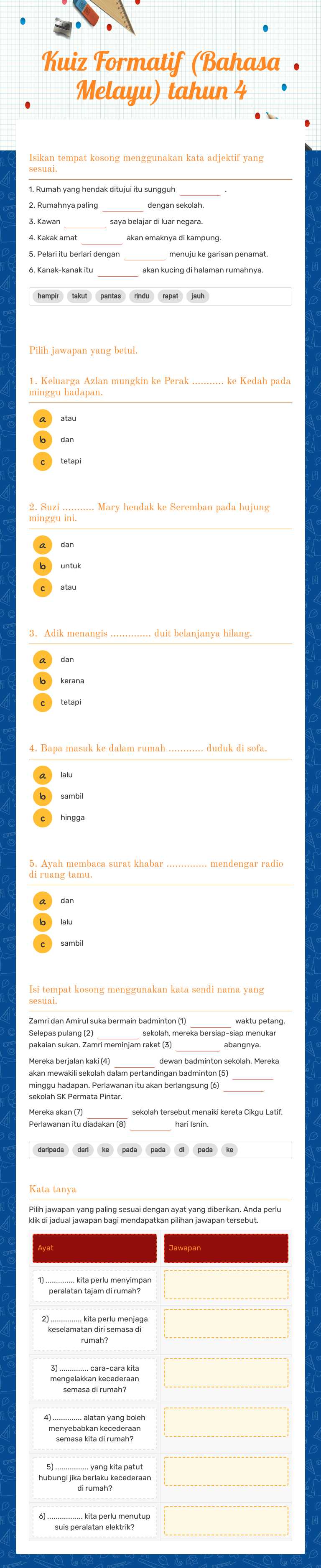 Kuiz Formatif         
(Bahasa Melayu) tahun 4 worksheet preview image