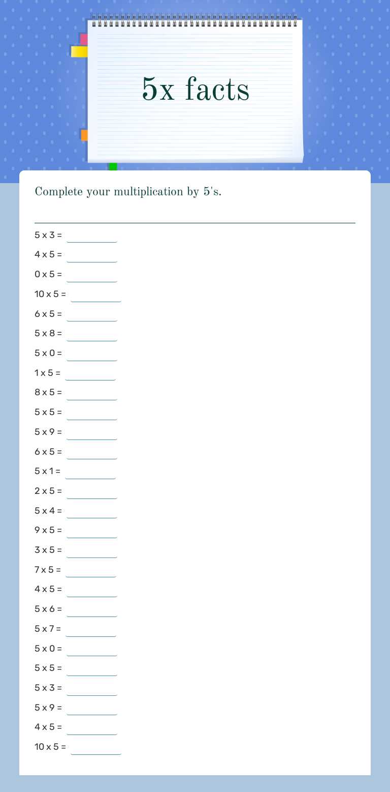 5x facts worksheet preview image