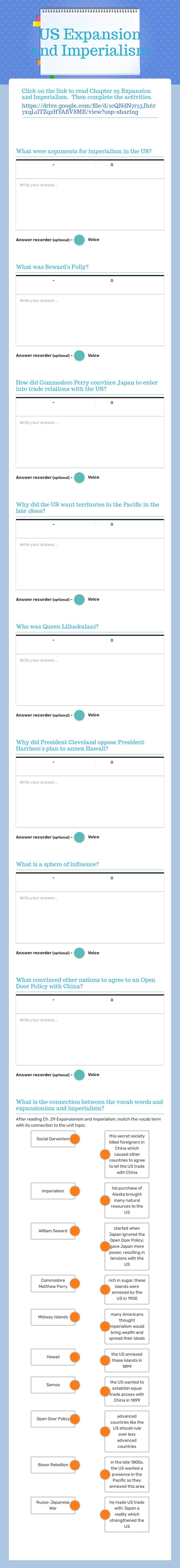 US Expansion and  Imperialism worksheet preview image