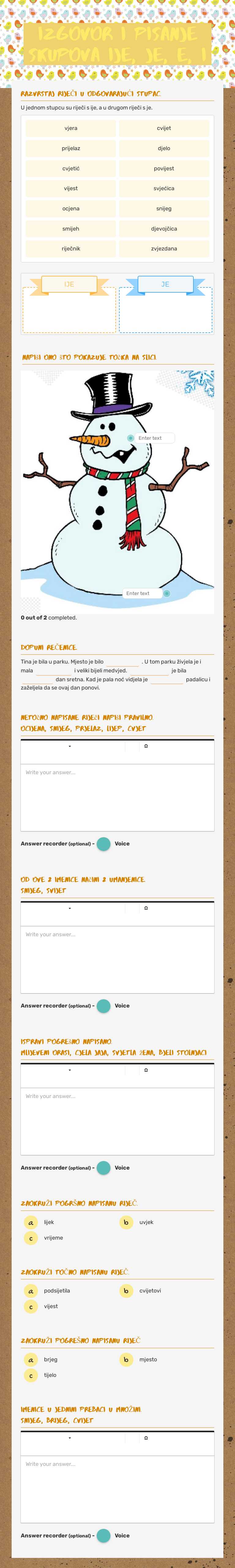 Izgovor i pisanje skupova ije, je, e, i worksheet preview image