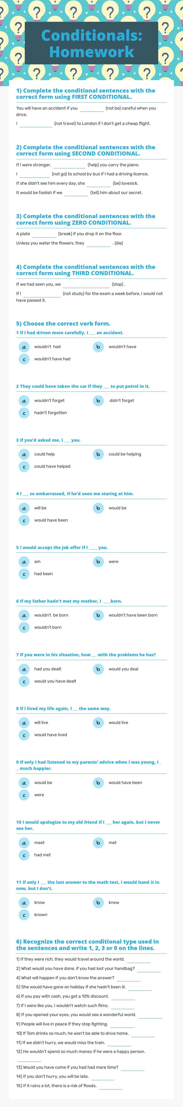 Conditionals: Homework Grade 10 worksheet preview