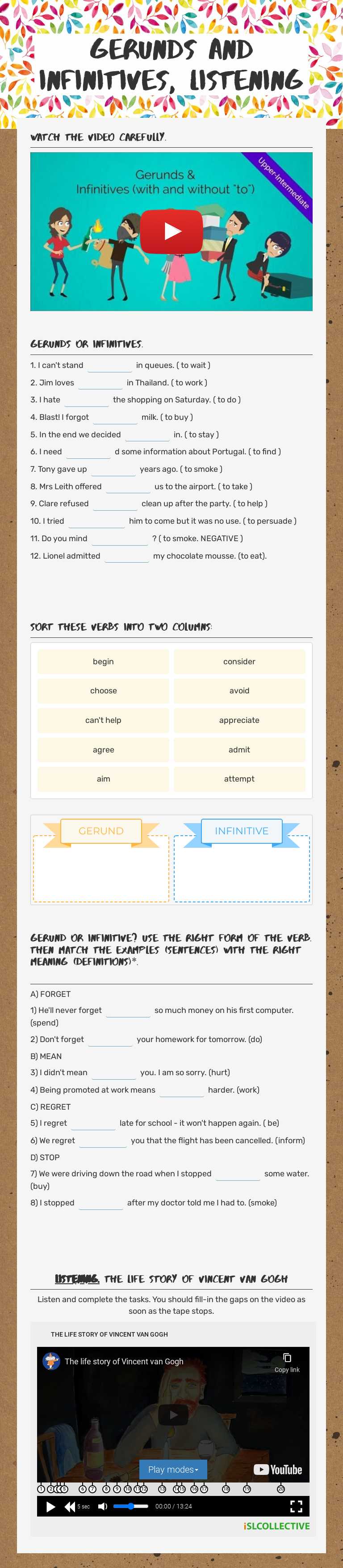 GERUNDS AND INFINITIVES, listening worksheet preview image