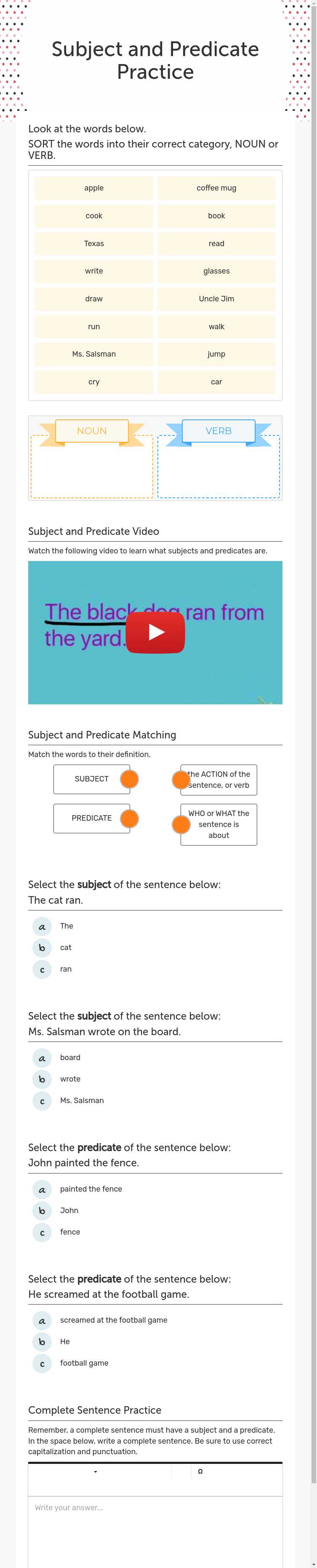 Subject and Predicate Practice worksheet preview image
