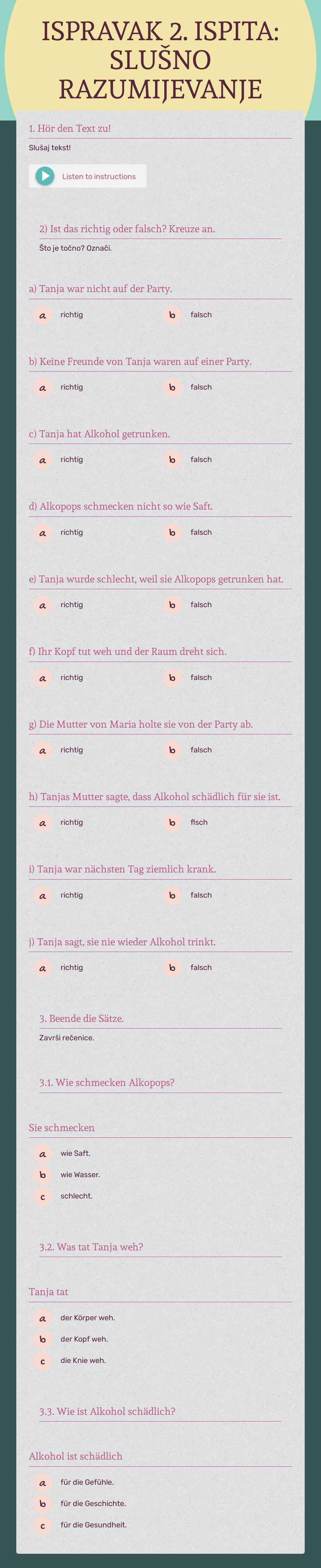 ISPRAVAK 2. ISPITA: 
SLUŠNO RAZUMIJEVANJE worksheet preview image