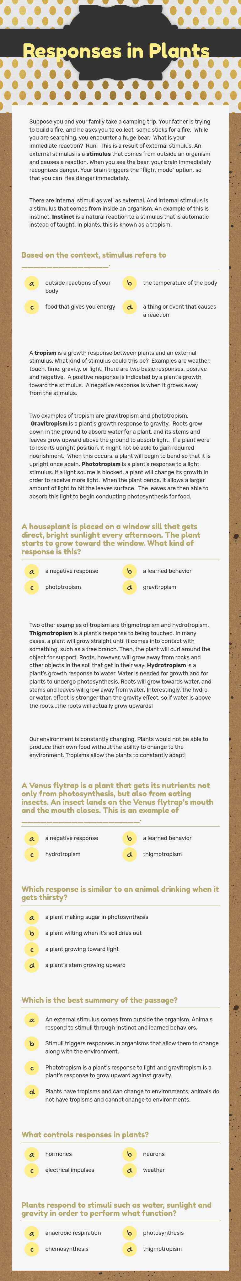 Responses in Plants worksheet preview image