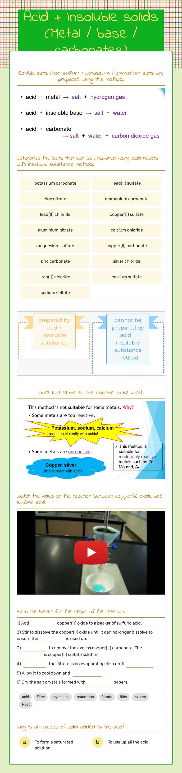 Acid + Insoluble solids  (Metal / base / carbonates) worksheet preview image