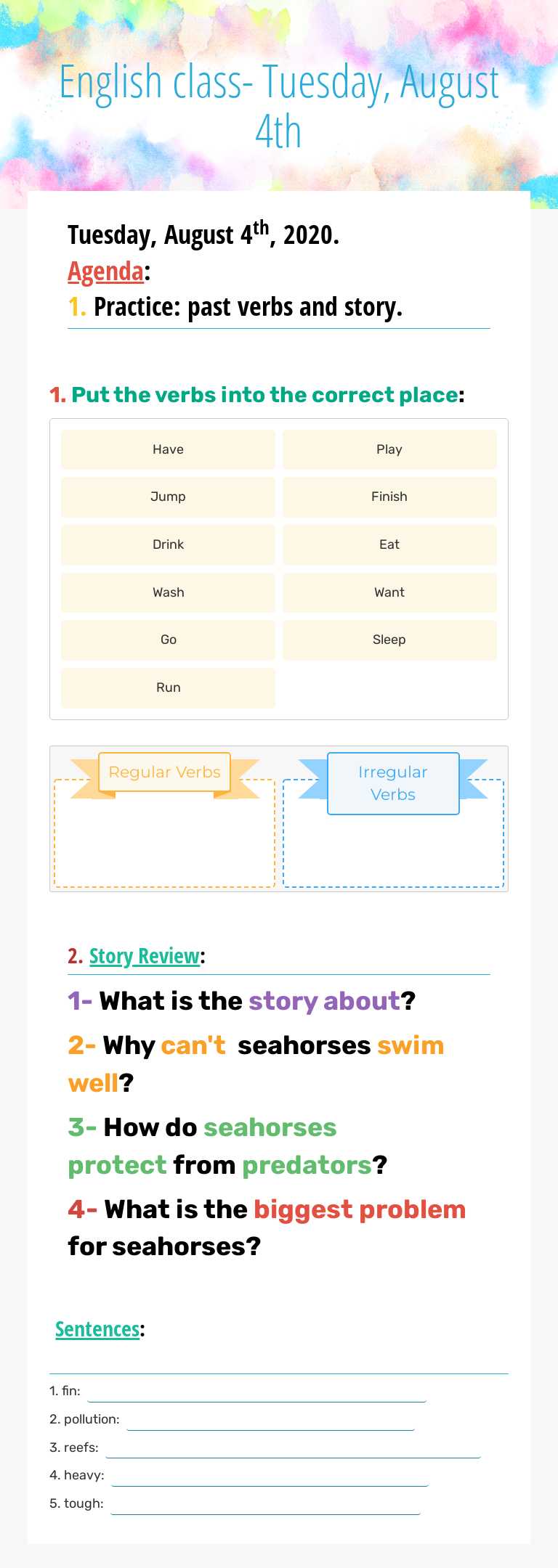 English class- Tuesday, August 4th Grade 2 worksheet preview