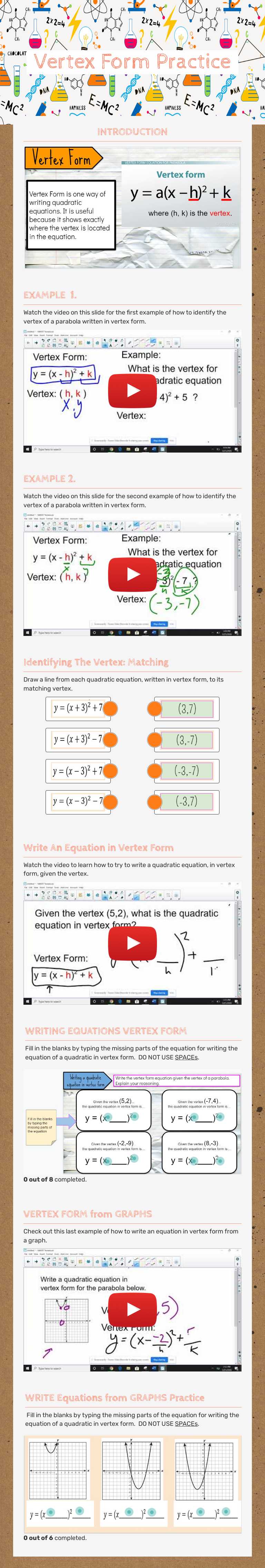 Vertex Form Practice worksheet preview image