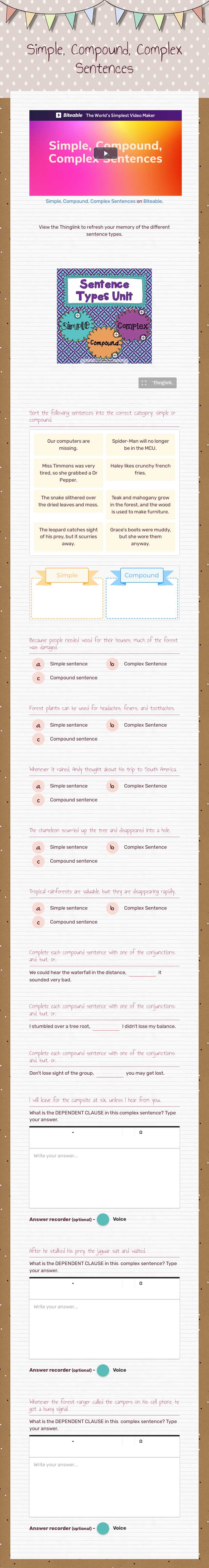 Simple, Compound, Complex Sentences worksheet preview image