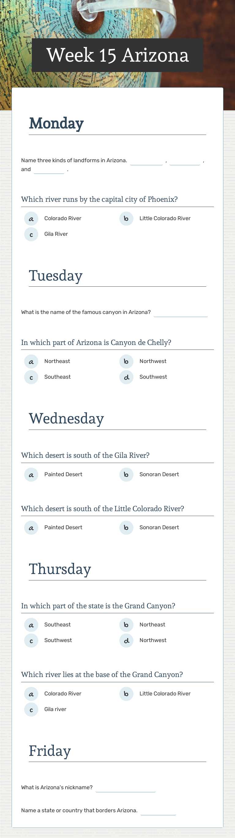 Week 15 Arizona worksheet preview image
