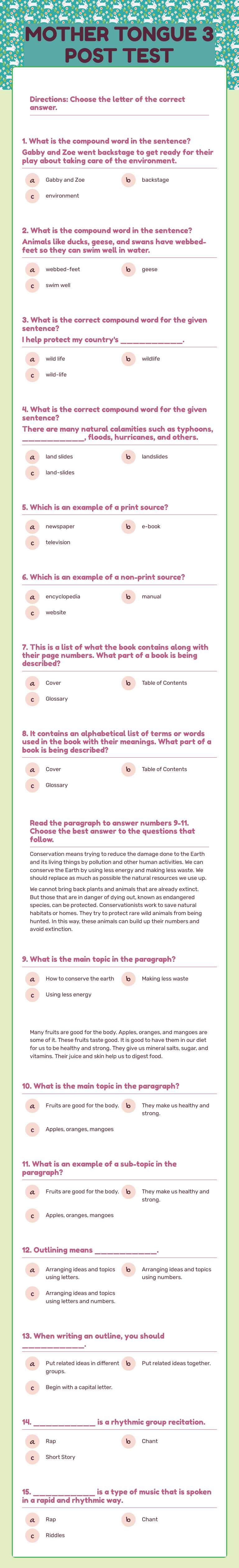 MOTHER TONGUE 3 POST TEST worksheet preview image