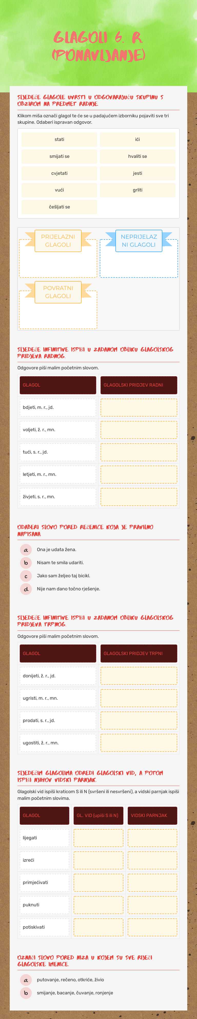 Glagoli 6. r. (ponavljanje) worksheet preview image