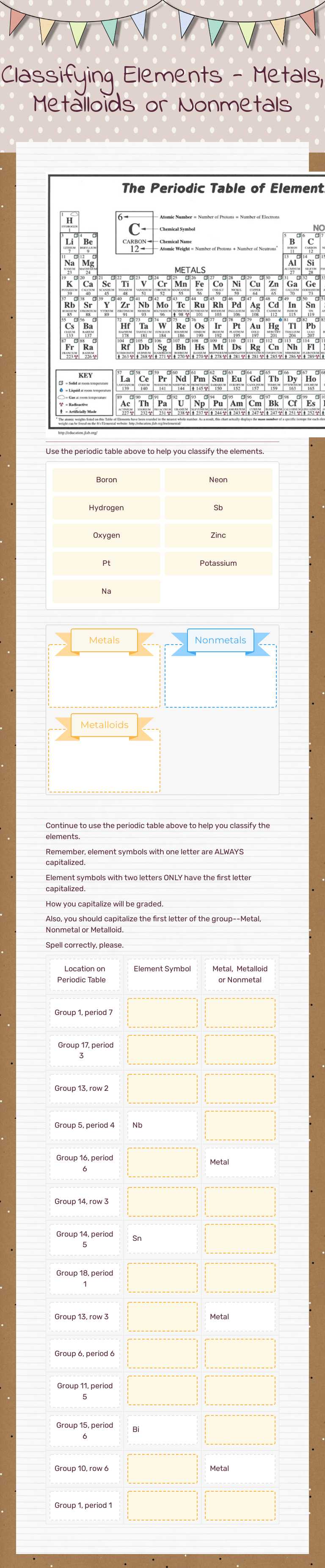 Classifying Elements - Metals, Metalloids or Nonmetals worksheet preview image