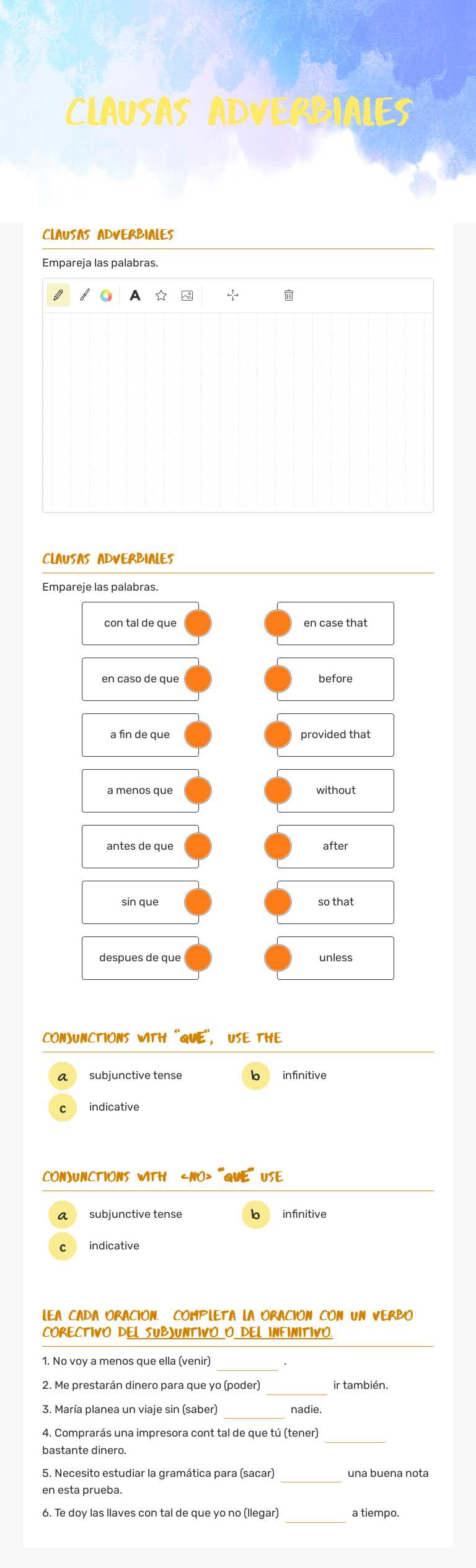 Clausas adverbiales worksheet preview image