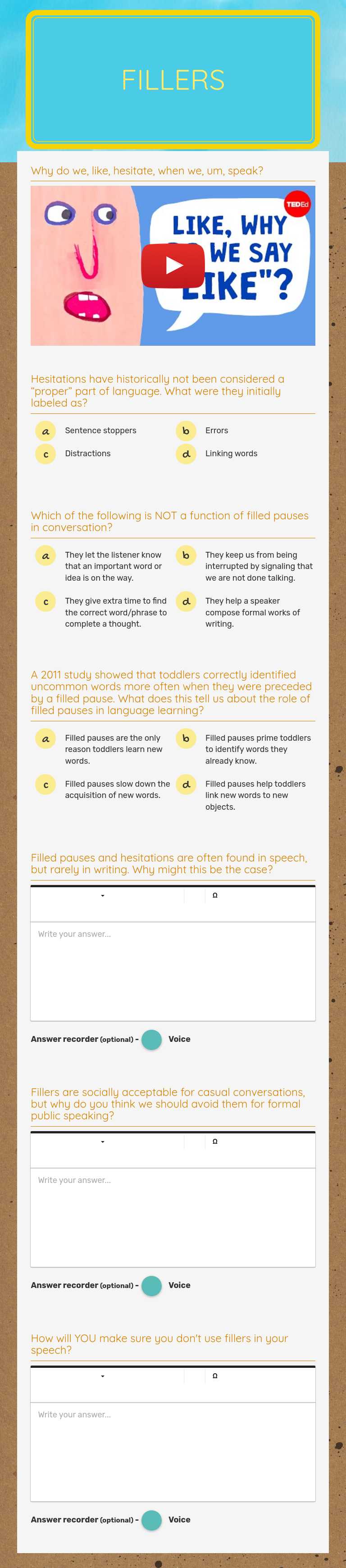 Fillers worksheet preview image