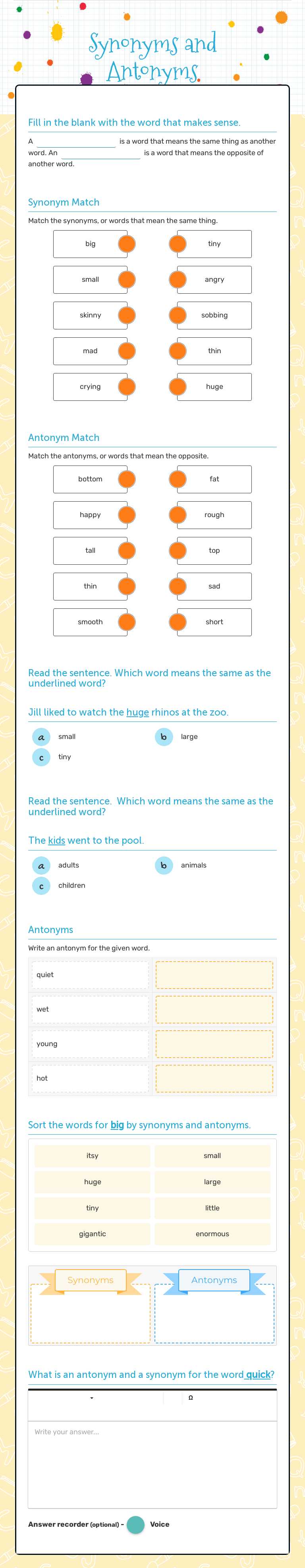 Synonyms and Antonyms worksheet preview image
