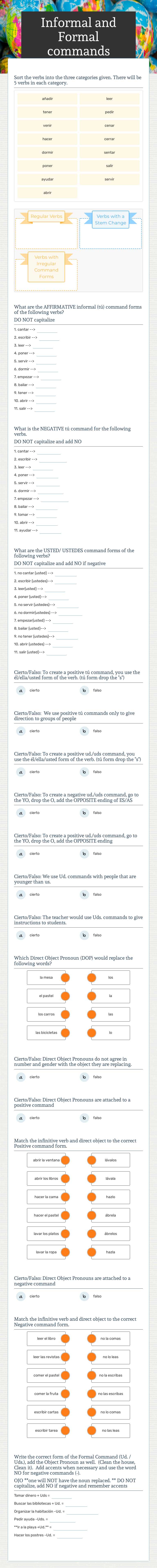 Informal and Formal commands worksheet preview image