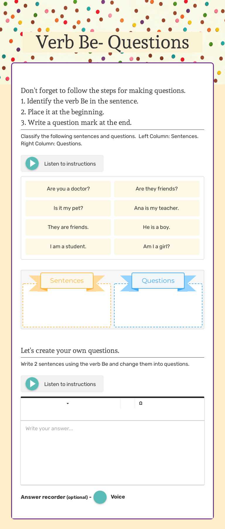 Verb Be- Questions worksheet preview image