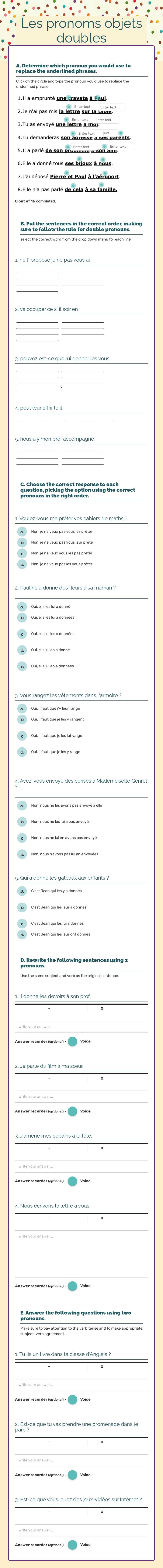 Les pronoms objets doubles worksheet preview image