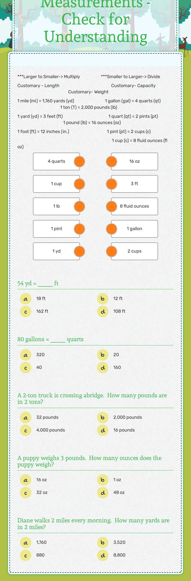 Converting Customary Measurements - Check for Understanding worksheet preview image