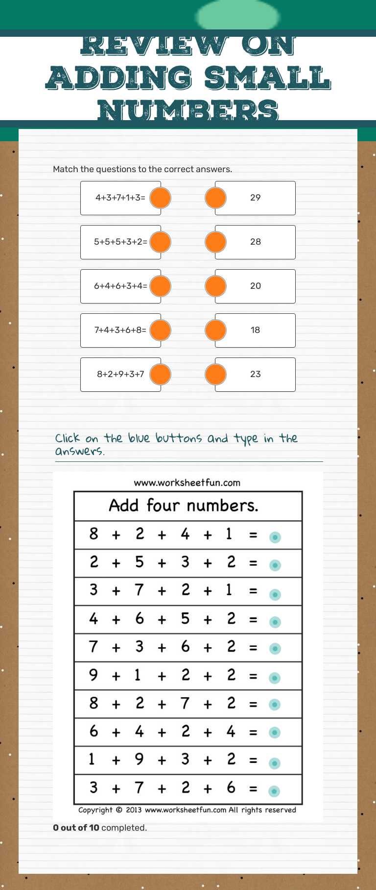 Review on Adding small numbers worksheet preview image