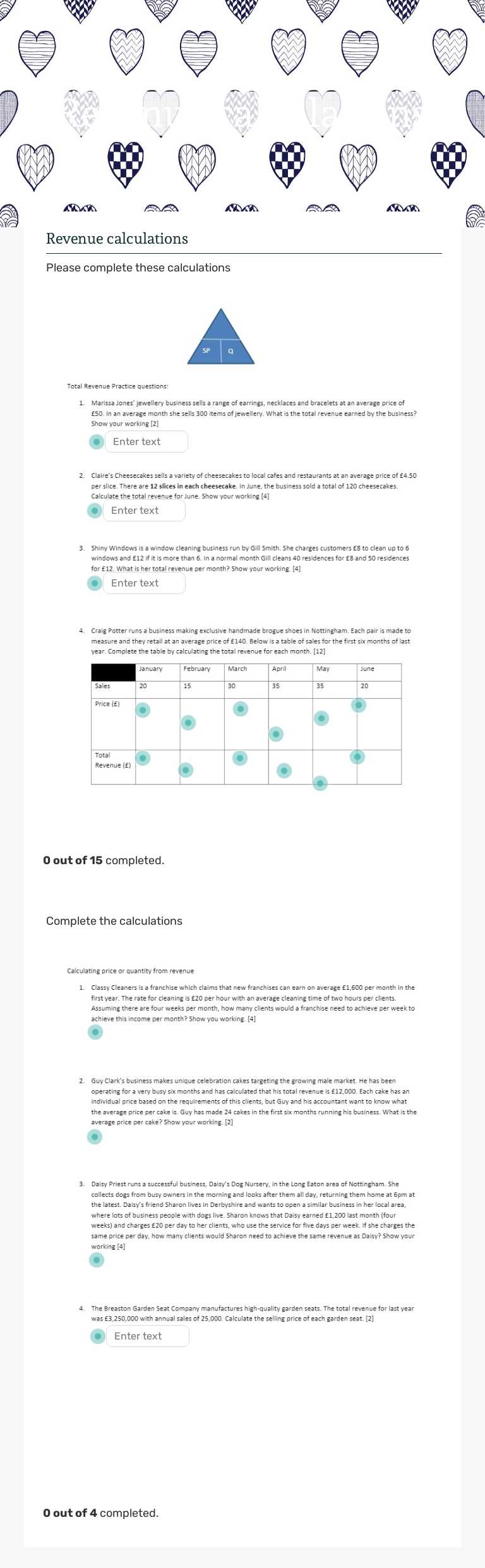 Revenue calculations worksheet preview image