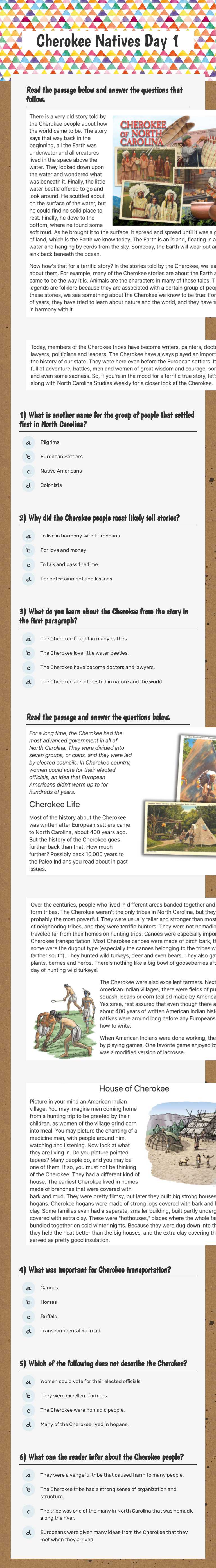 Cherokee Natives Day 1 Grade 4 worksheet preview