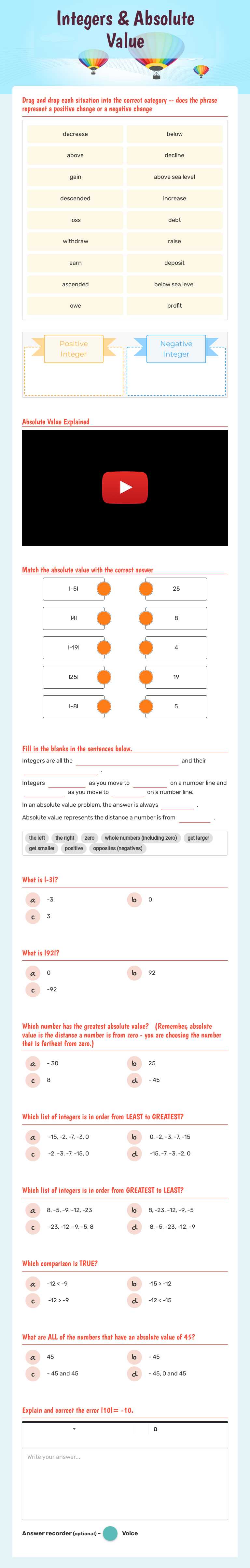 Integers & Absolute Value worksheet preview image