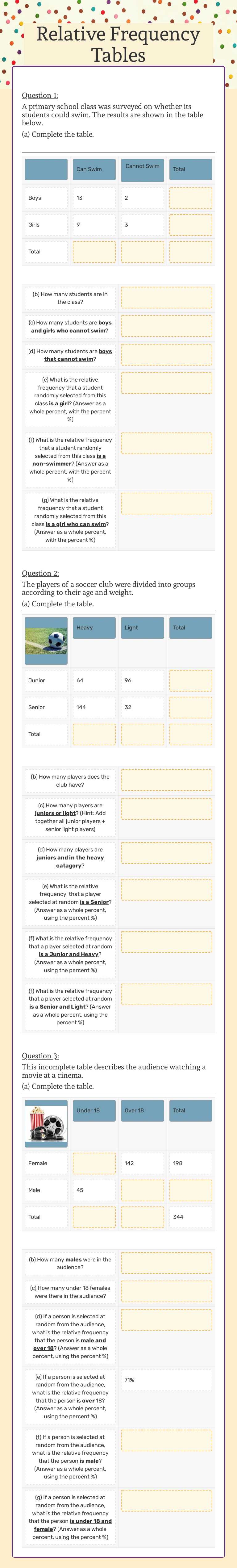 Relative Frequency Tables worksheet preview image
