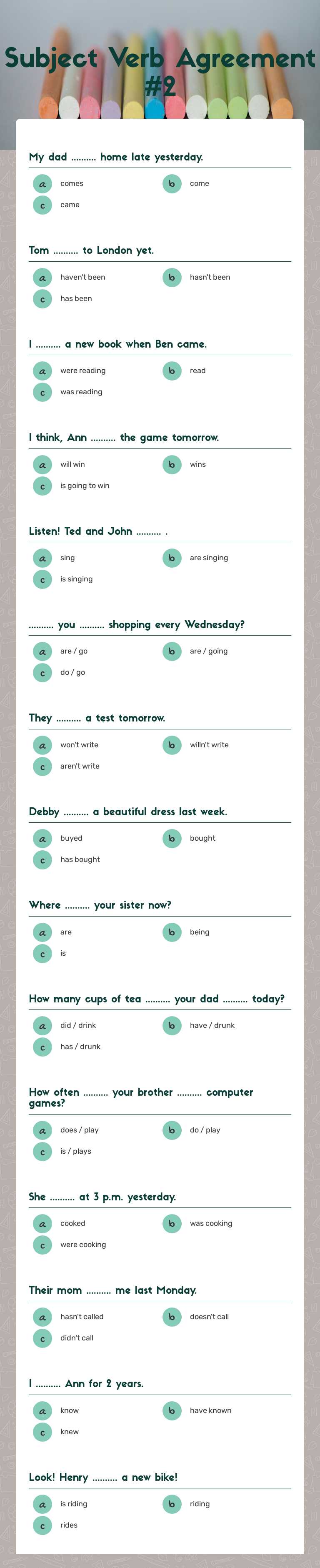 Subject Verb Agreement #2 Grade 7 worksheet preview
