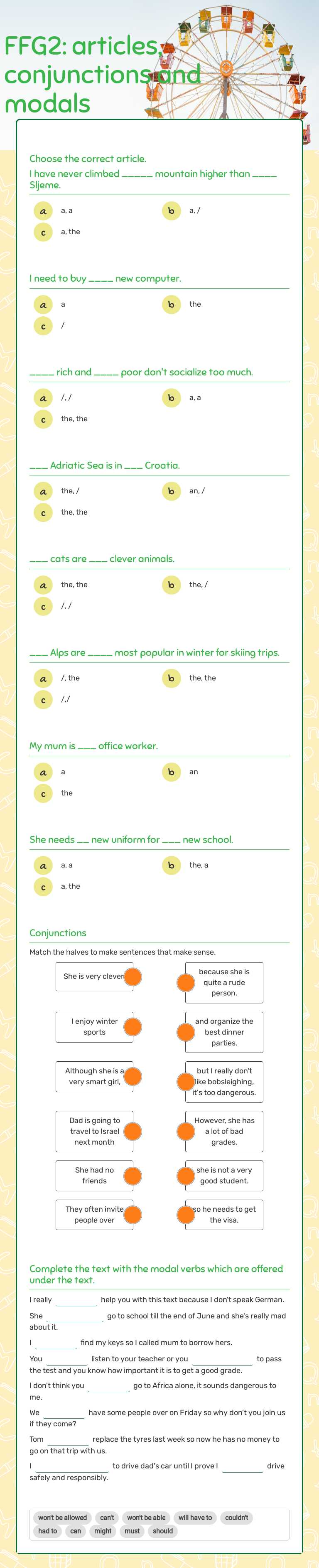 FFG2: articles, conjunctions and modals worksheet preview image