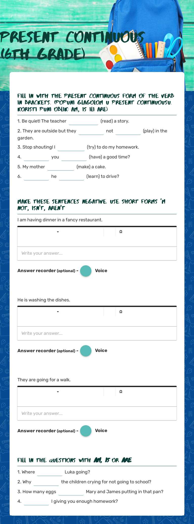 present continuous (6th grade) worksheet preview image