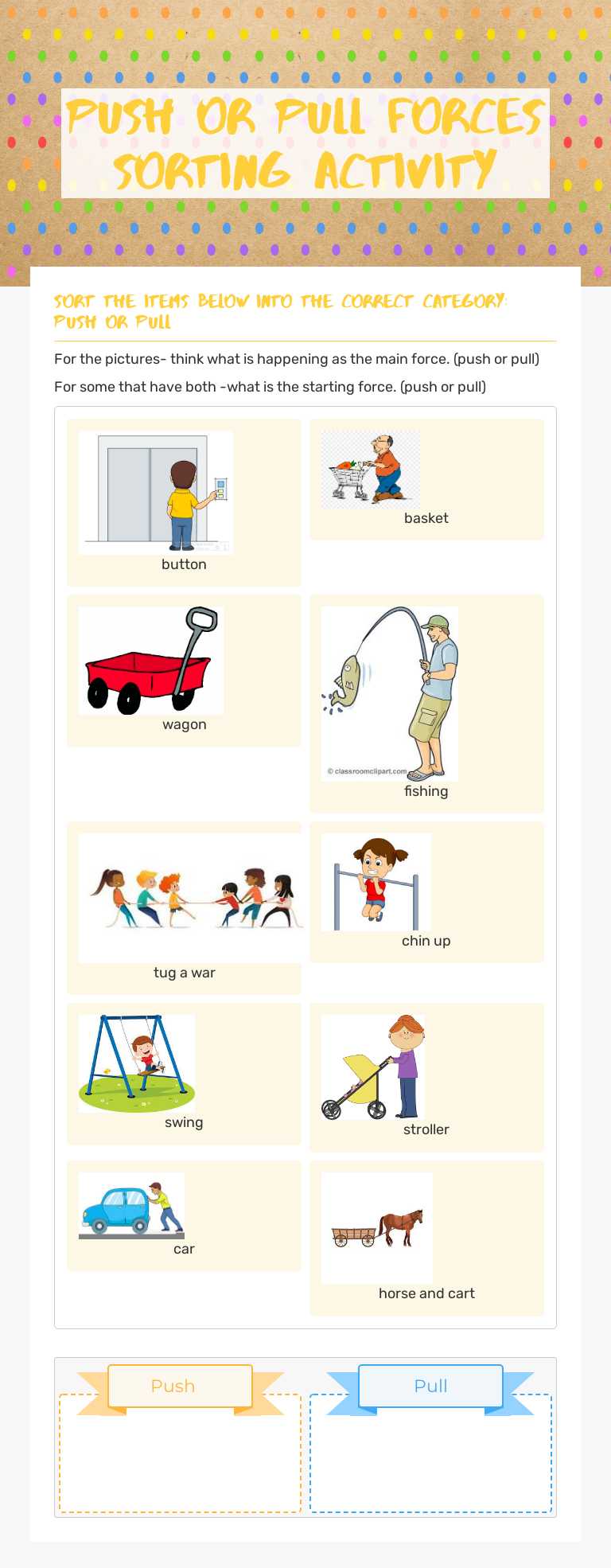 Push or Pull Forces   Sorting Activity worksheet preview image