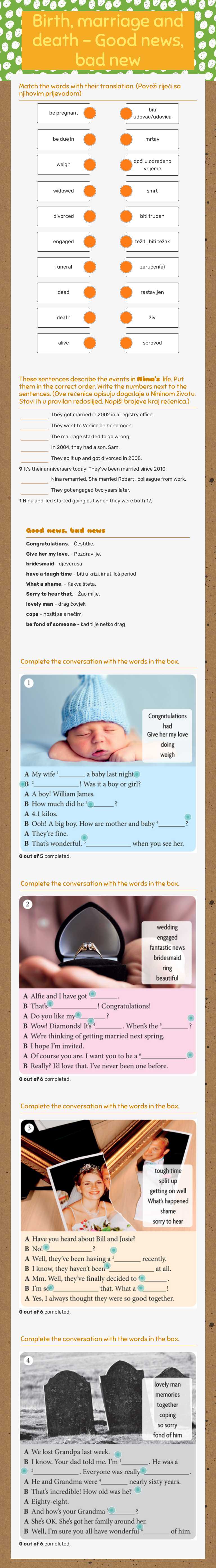 Birth, marriage and death - Good news, bad new worksheet preview image